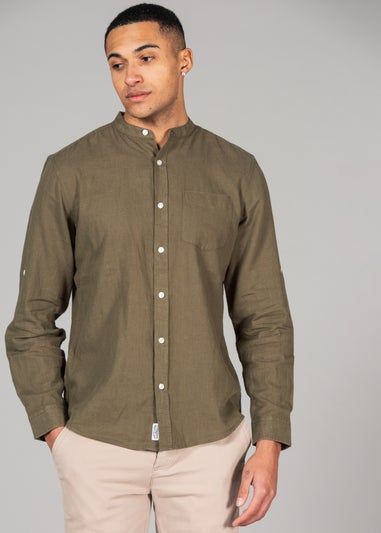 Tokyo Laundry Green Linen Blend Button-Up Shirt with Grandad Collar