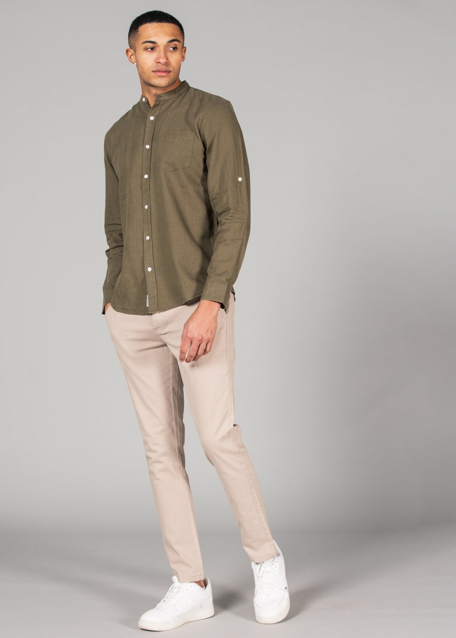 Tokyo Laundry Green Linen Blend Button-Up Shirt with Grandad Collar