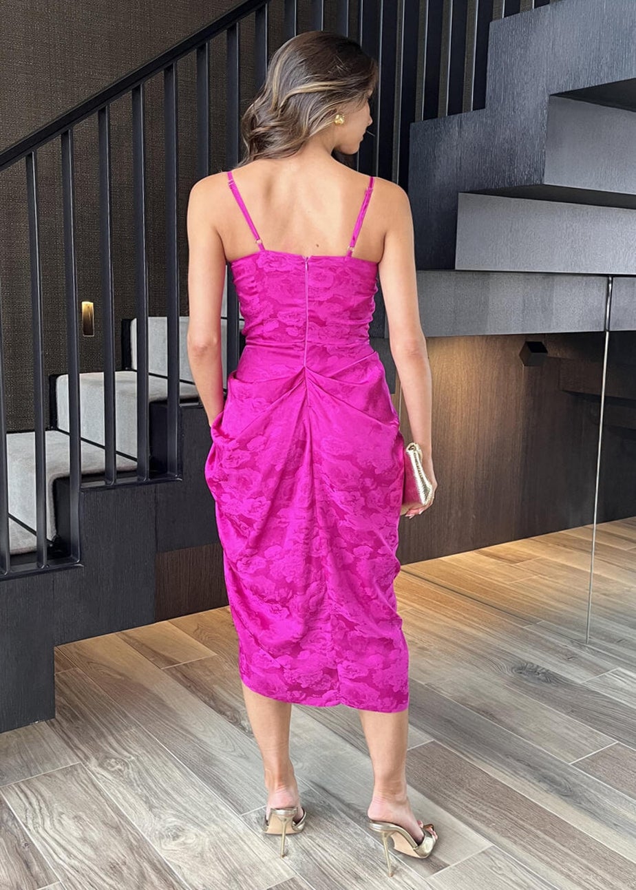 AX Paris Magenta Embroidered Strappy Cowl Neck Gathered Skirt Midi Dress