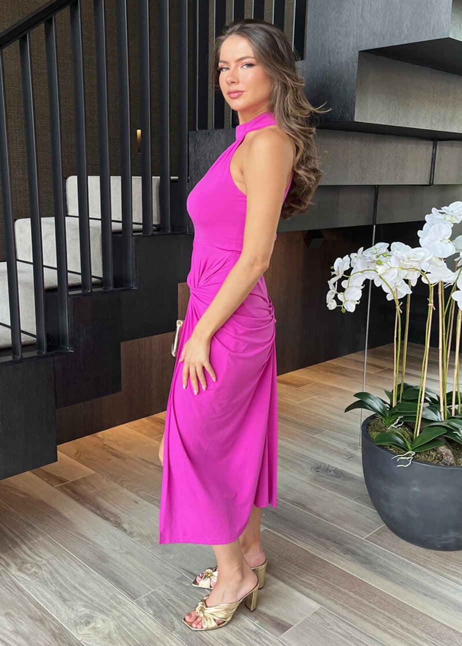 AX Paris Hot Pink Halter Neck Knot Skirt Midi Dress