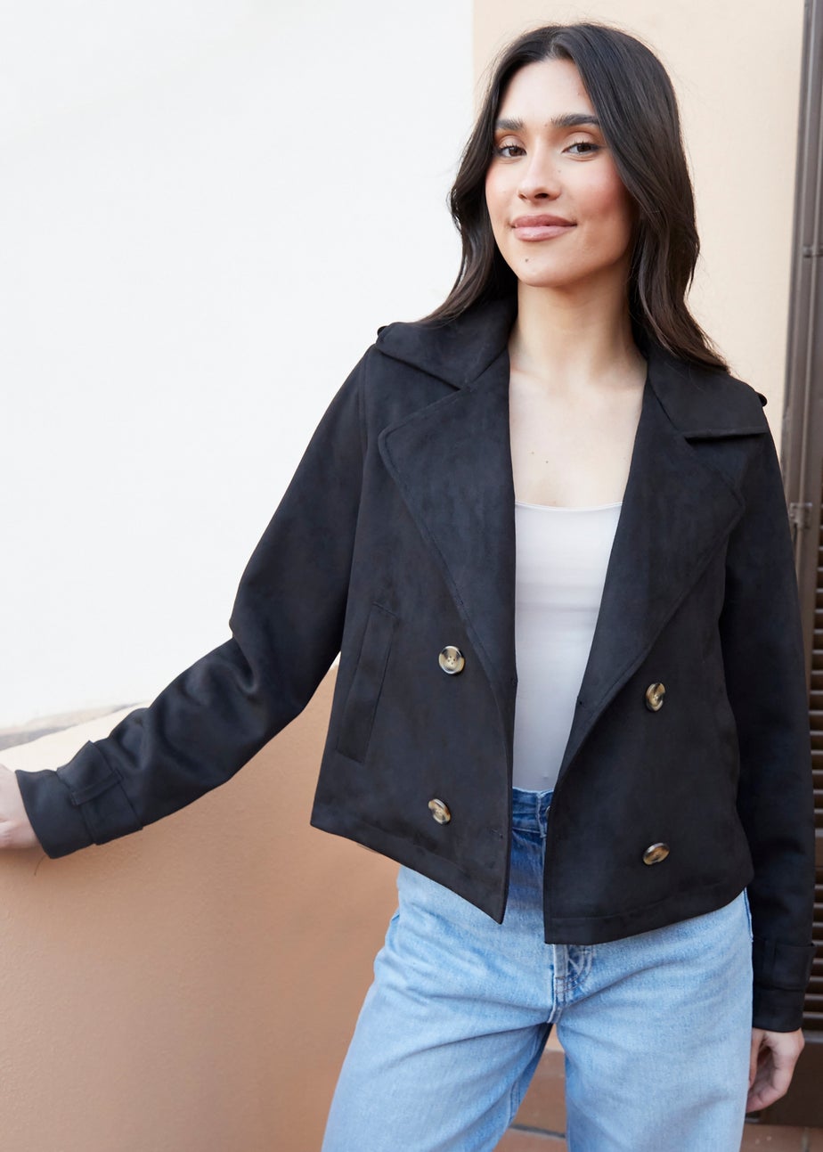 Threadbare Black Cropped Suedette Trench Coat