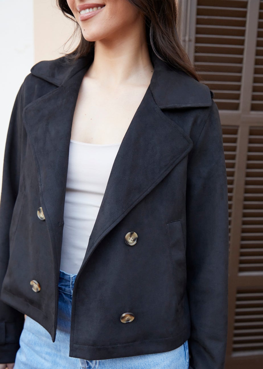 Threadbare Black Cropped Suedette Trench Coat