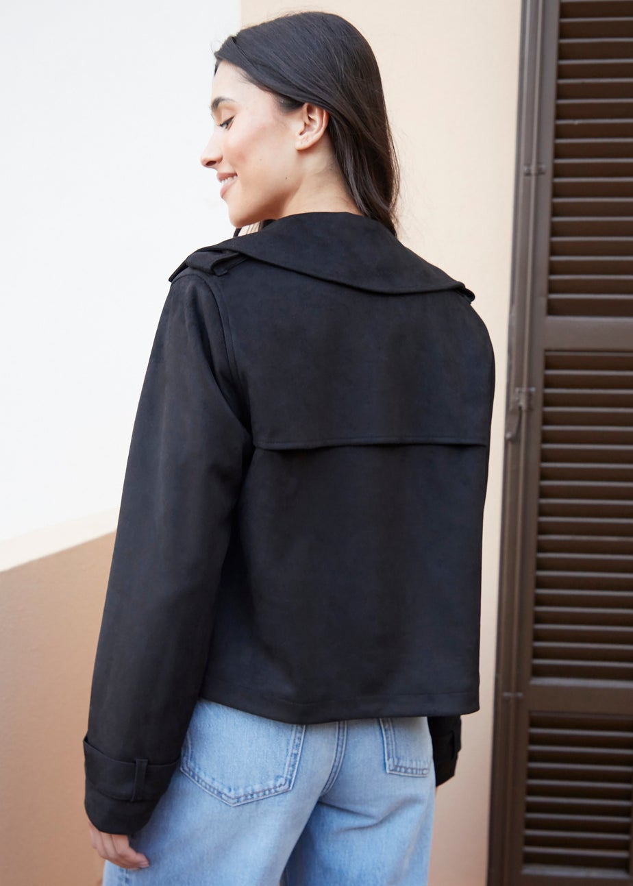 Threadbare Black Cropped Suedette Trench Coat