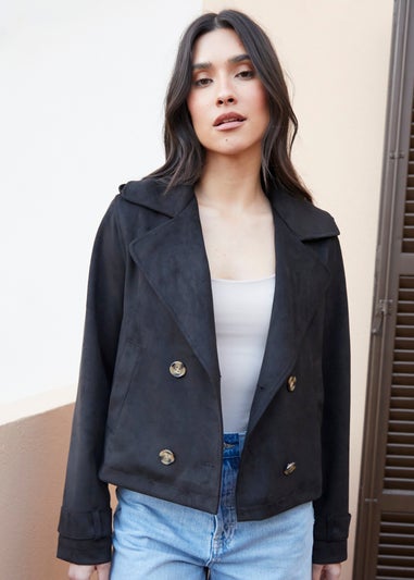 Threadbare Black Cropped Suedette Trench Coat