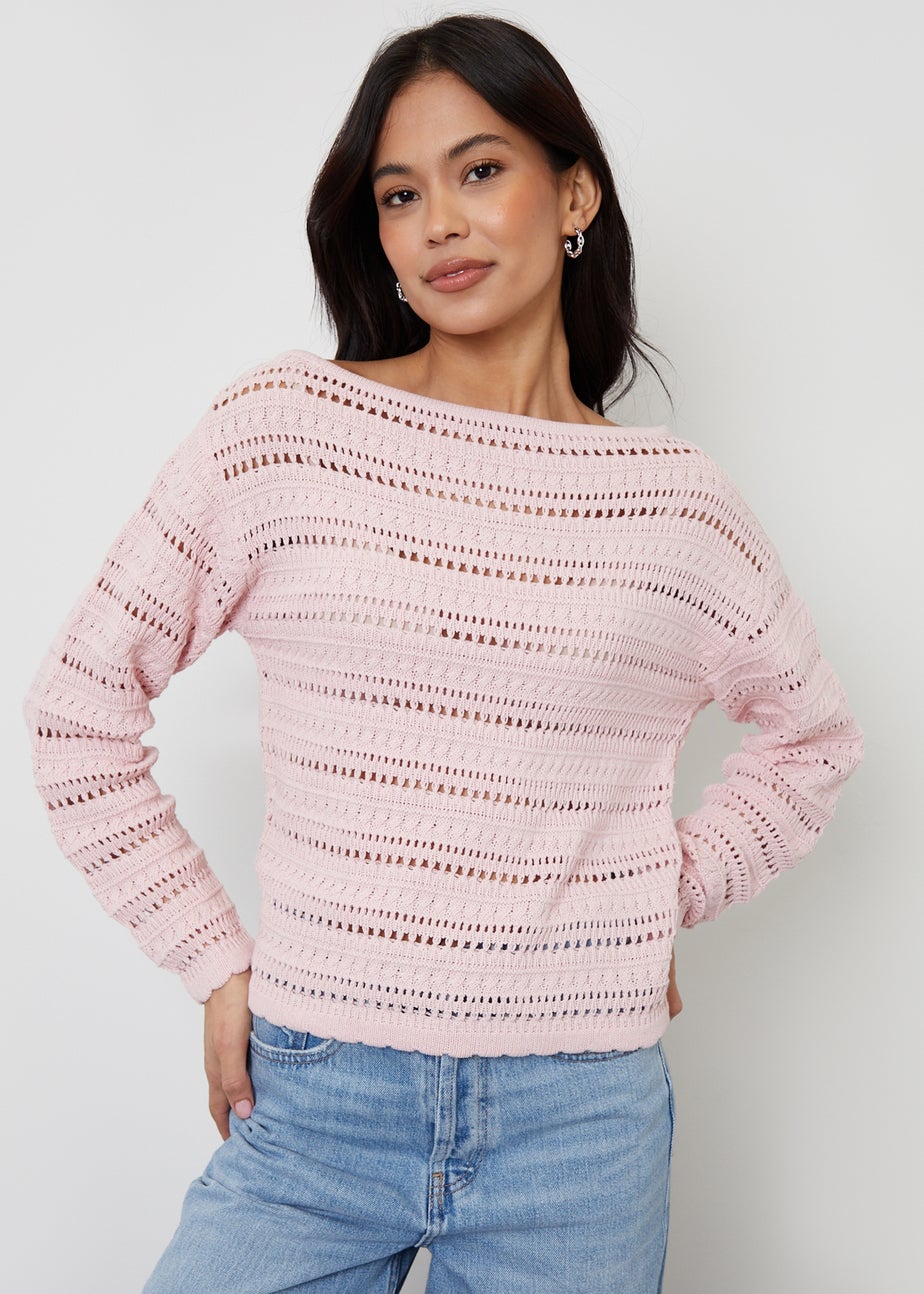 Threadbare Dusty Pink Slash Neck Pointelle Knit Jumper