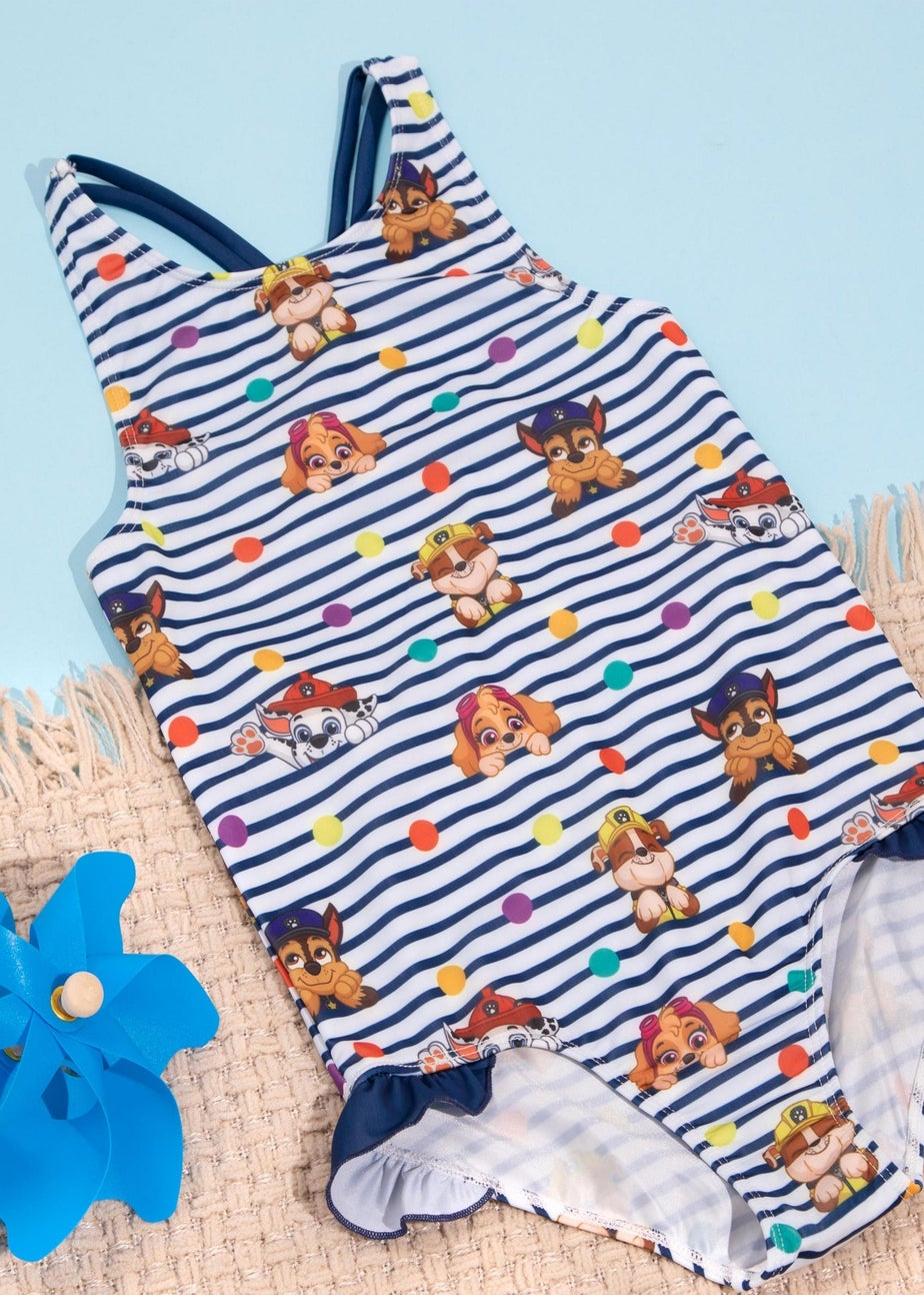 Paw Patrol Kids Striped White & Navy 1 Piece Swimsuit (18 Months-8 Years)