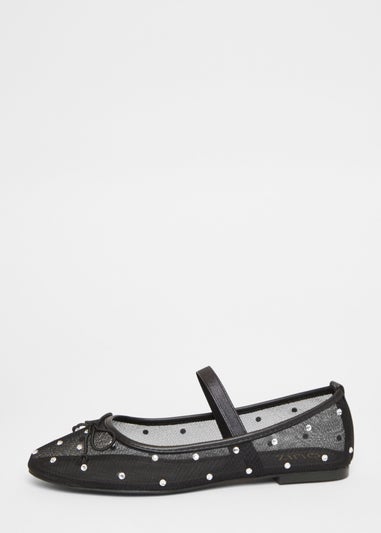 Quiz Black Mesh Diamante Bow Pumps