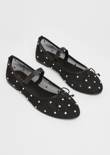 Quiz Black Mesh Diamante Bow Pumps