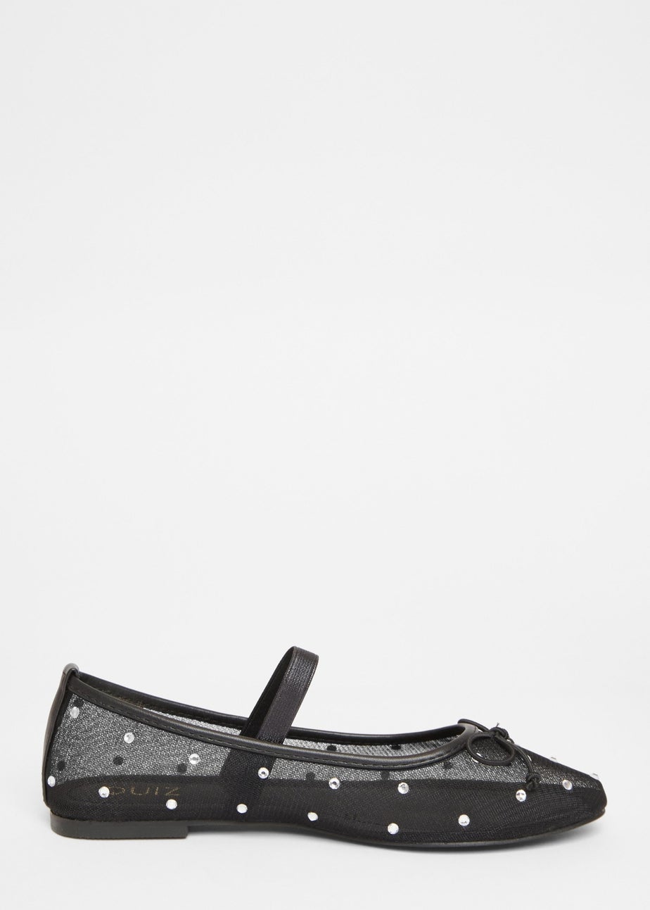 Quiz Black Mesh Diamante Bow Pumps
