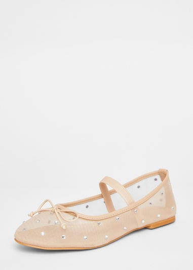 Quiz Natural Mesh Diamante Bow Pumps