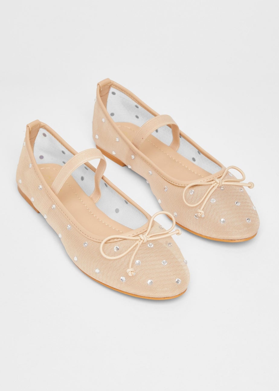 Quiz Natural Mesh Diamante Bow Pumps