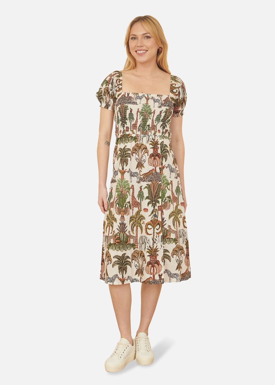 Yumi White Cotton Safari Print Ruched Midi Dress