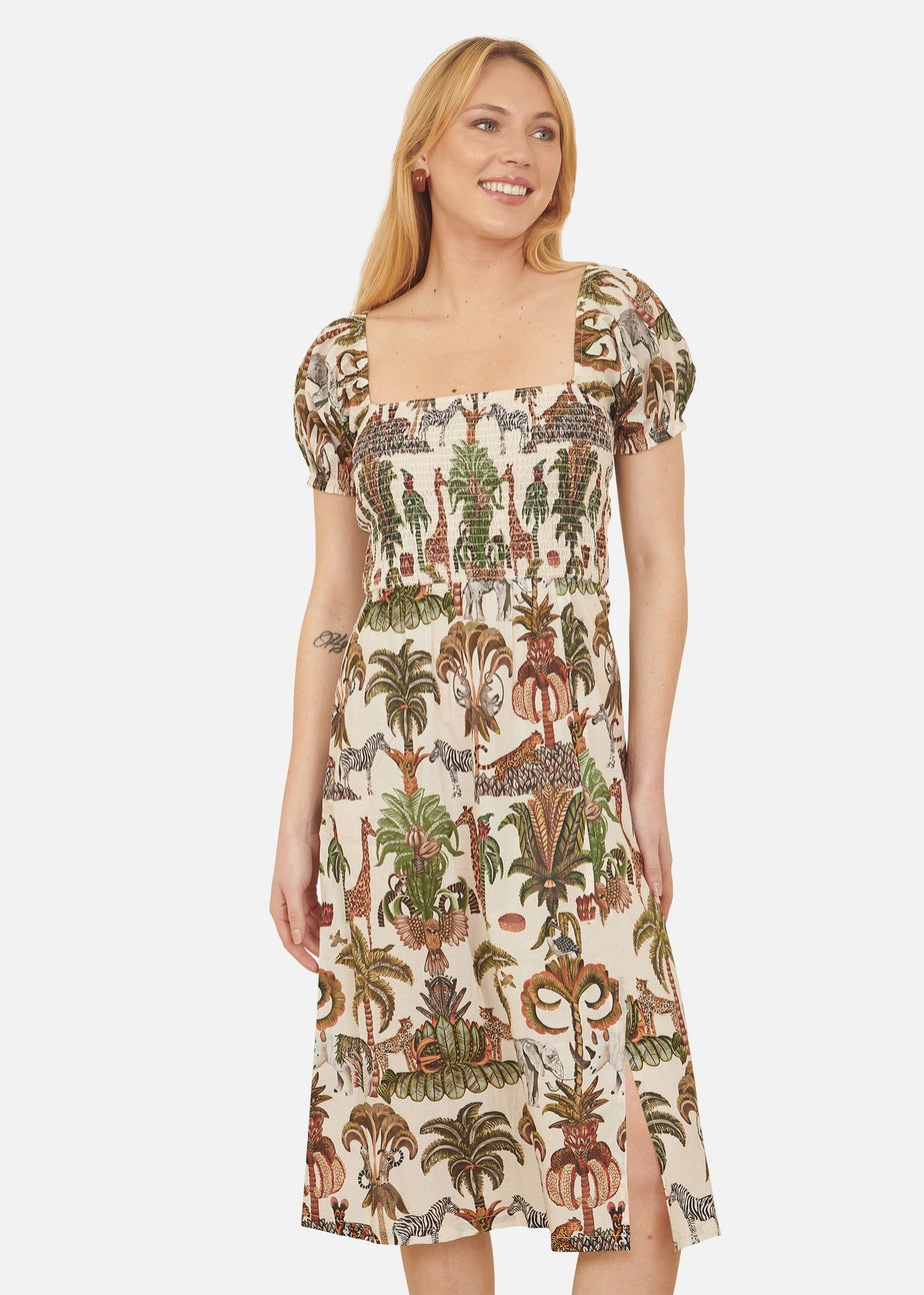 Yumi White Cotton Safari Print Ruched Midi Dress