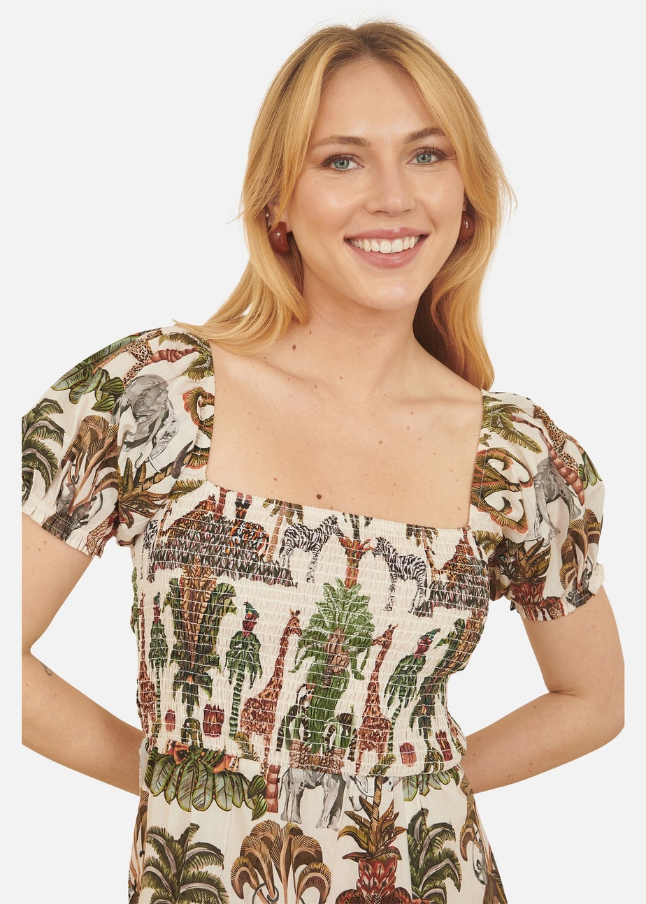 Yumi White Cotton Safari Print Ruched Midi Dress