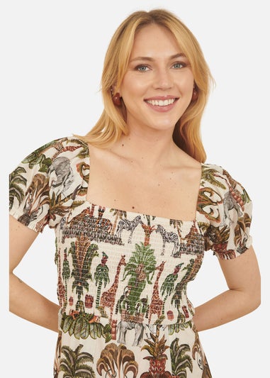 Yumi White Cotton Safari Print Ruched Midi Dress