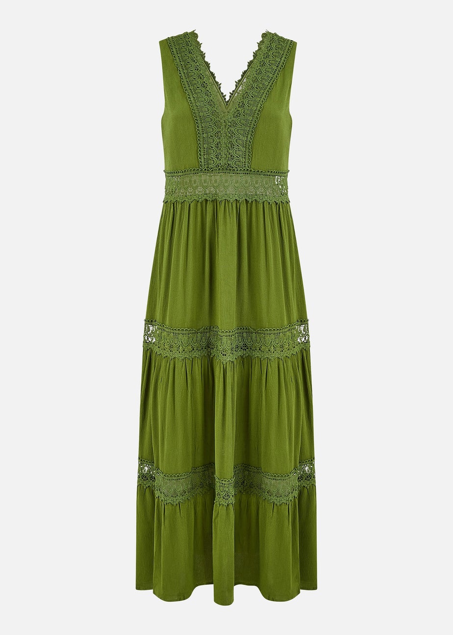 Yumi Green Lace Trim Cotton Midi Sun Dress