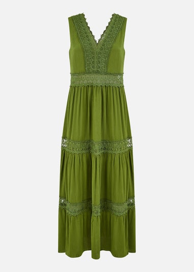 Yumi Green Lace Trim Cotton Midi Sun Dress