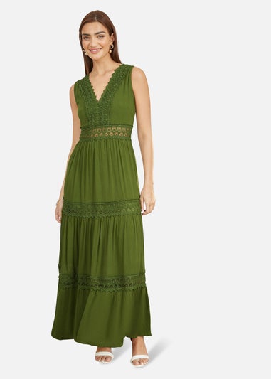 Yumi Green Lace Trim Cotton Midi Sun Dress