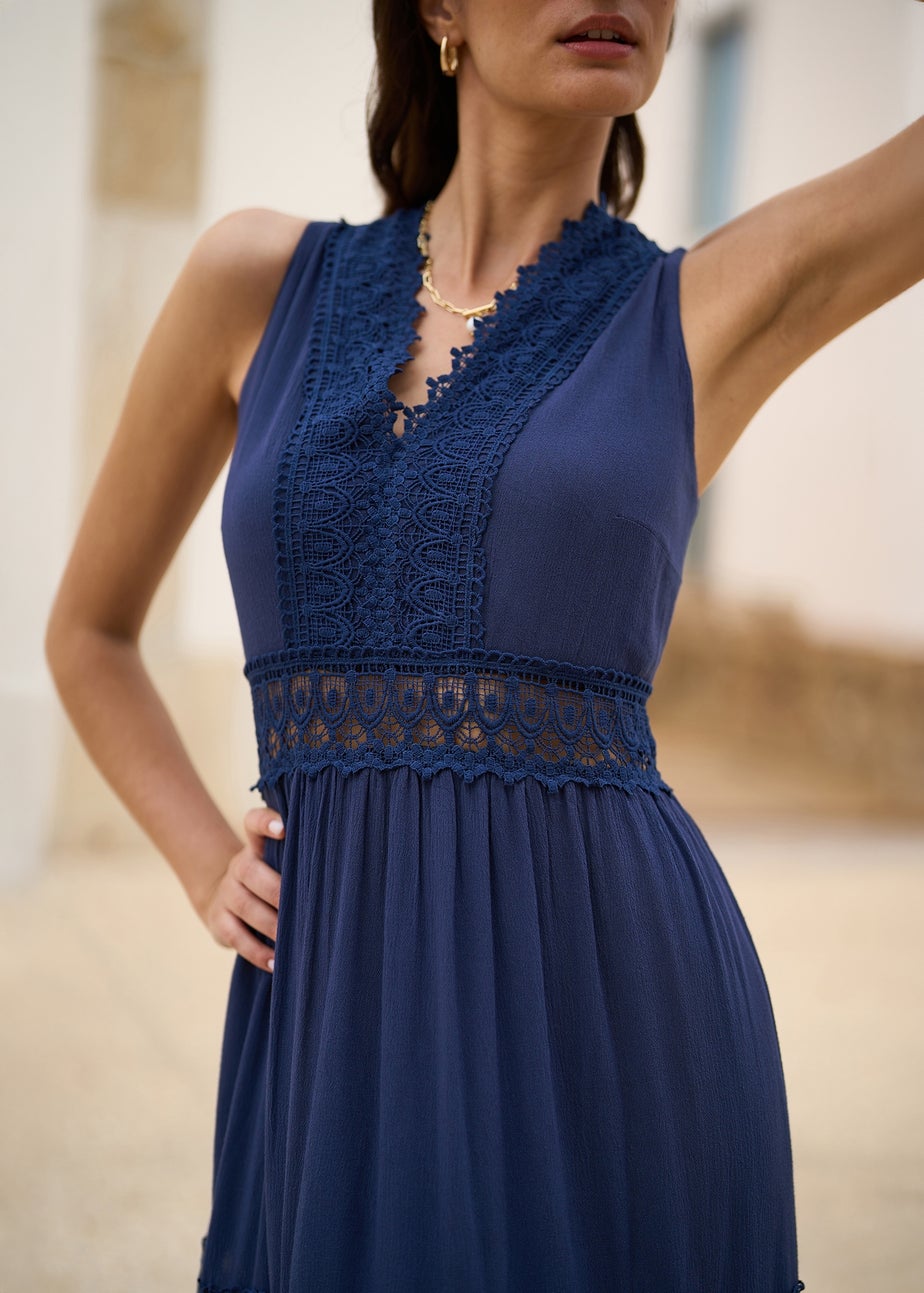 Yumi Navy Lace Trim Cotton Midi Sun Dress