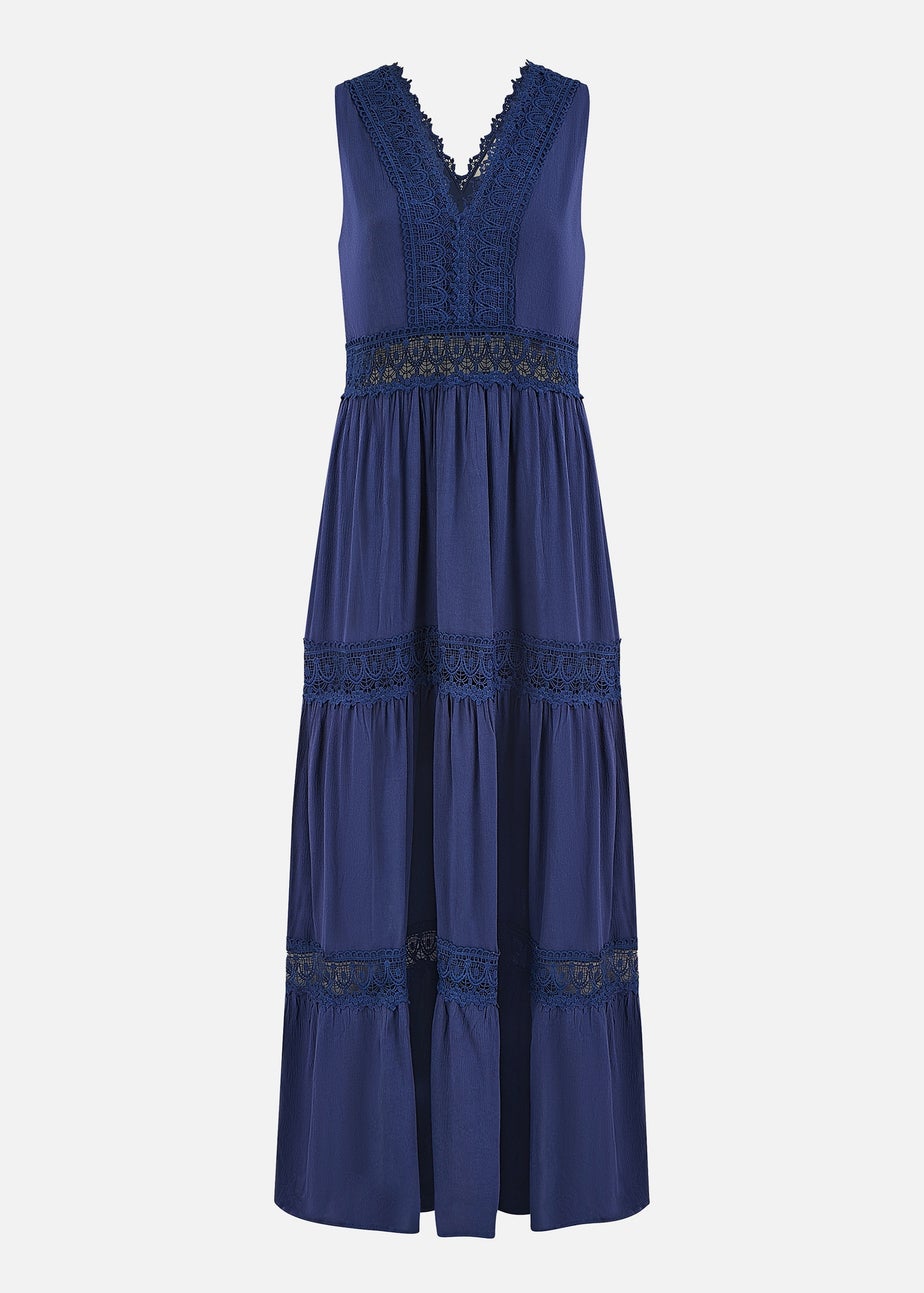 Yumi Navy Lace Trim Cotton Midi Sun Dress