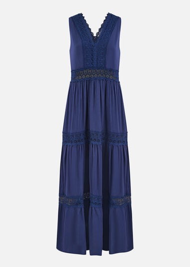 Yumi Navy Lace Trim Cotton Midi Sun Dress