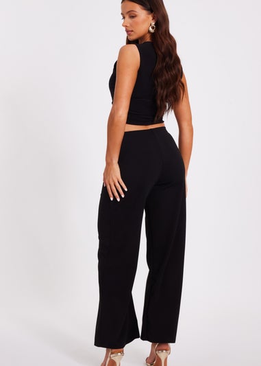 Quiz Black Petite Tie Waist Palazzo Trousers