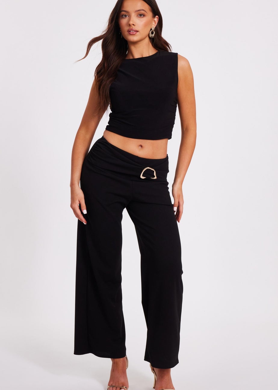 Quiz Black Petite Tie Waist Palazzo Trousers