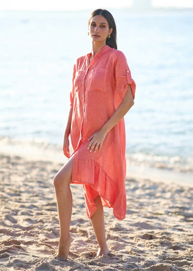 Yumi Coral Italian Linen Shirt Dress With Frill Hem