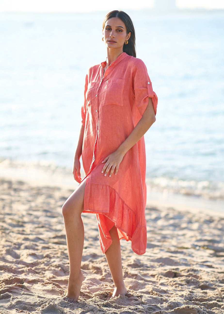 Yumi Coral Italian Linen Shirt Dress With Frill Hem