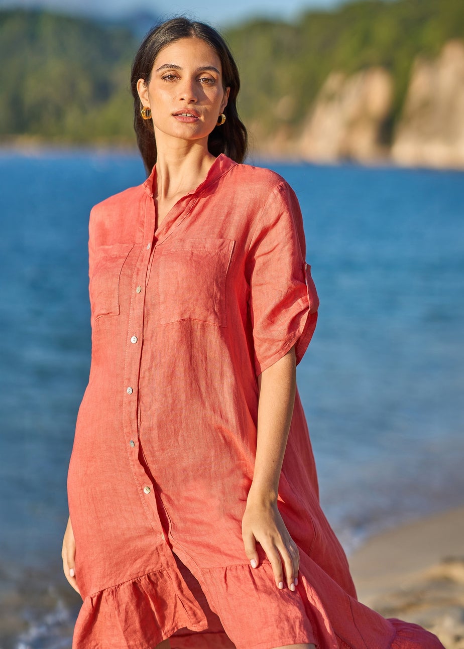 Yumi Coral Italian Linen Shirt Dress With Frill Hem