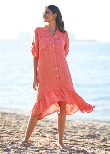 Yumi Coral Italian Linen Shirt Dress With Frill Hem