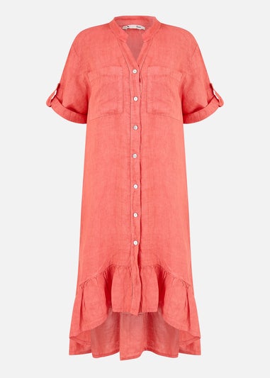 Yumi Coral Italian Linen Shirt Dress With Frill Hem