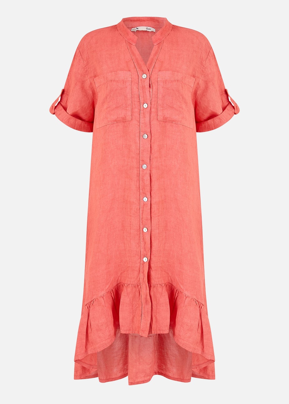 Yumi Coral Italian Linen Shirt Dress With Frill Hem