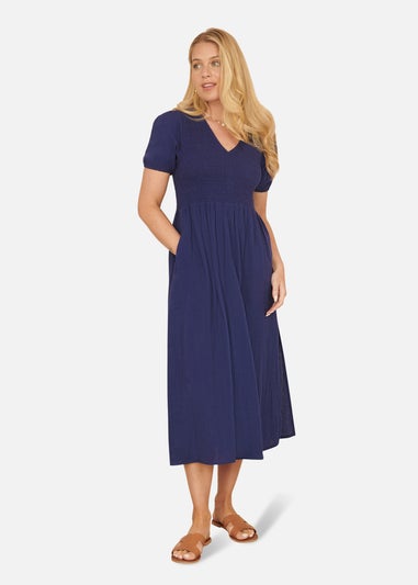 Yumi Navy Double Cotton Ruched Midi Dress