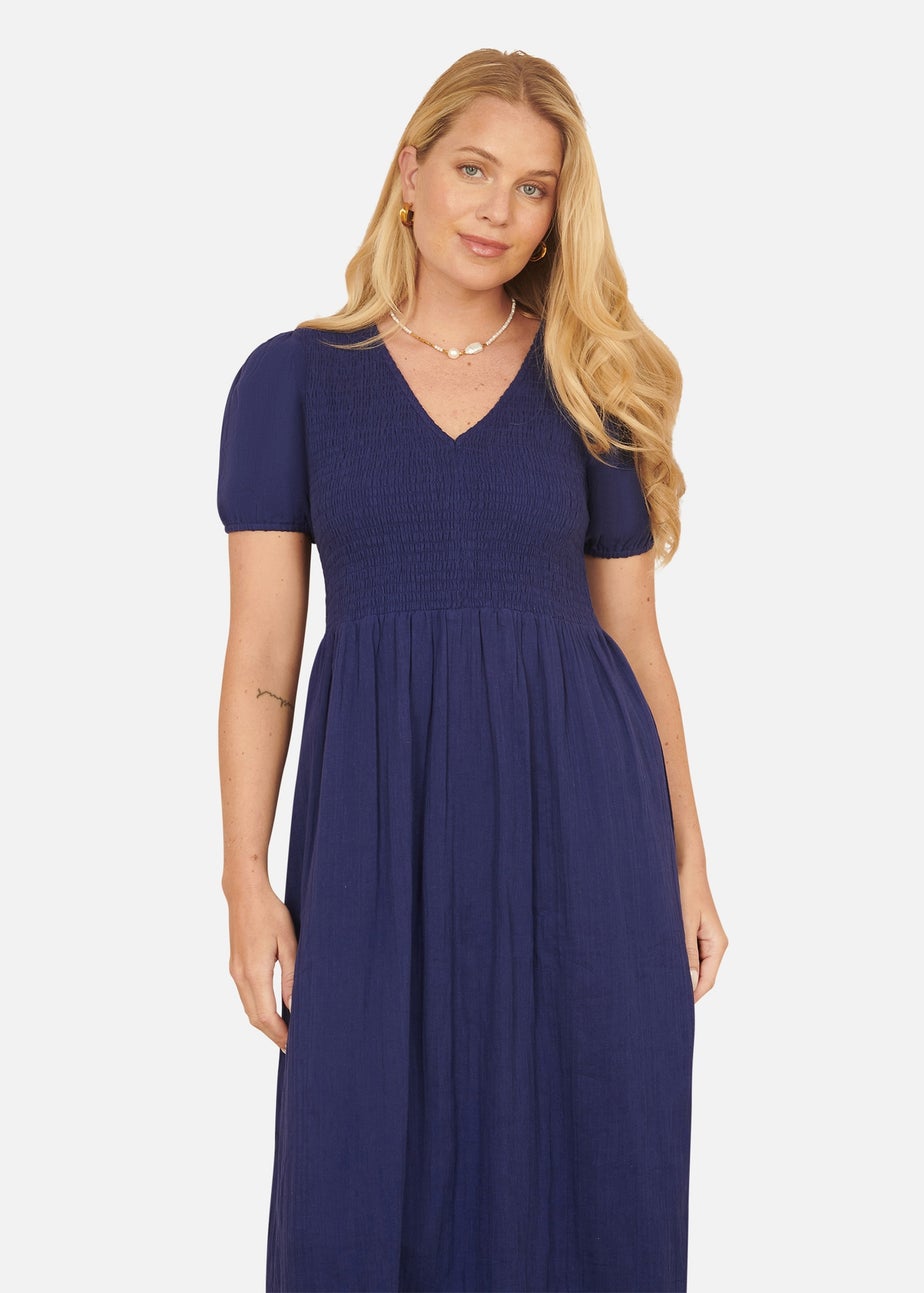 Yumi Navy Double Cotton Ruched Midi Dress