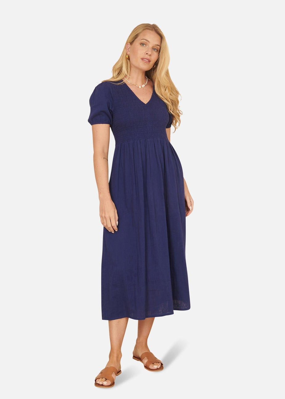 Yumi Navy Double Cotton Ruched Midi Dress