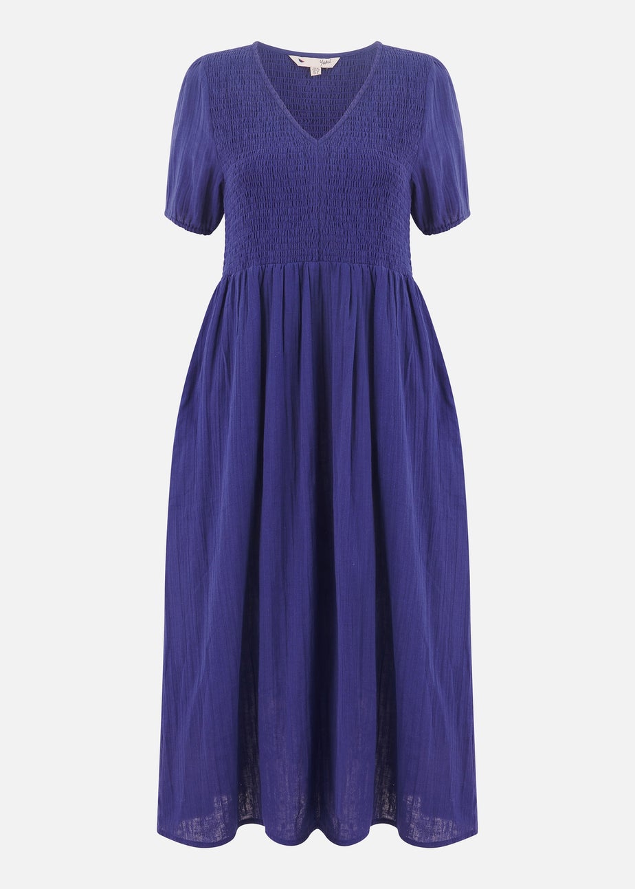 Yumi Navy Double Cotton Ruched Midi Dress