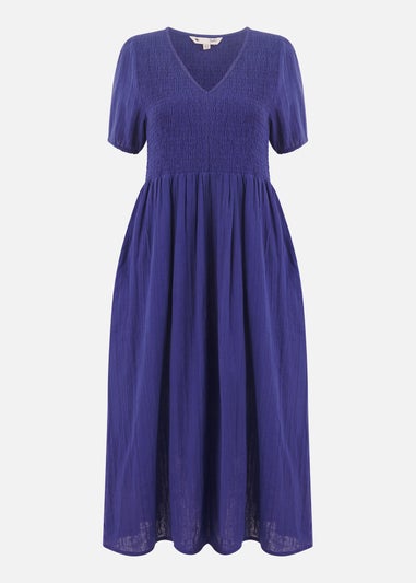 Yumi Navy Double Cotton Ruched Midi Dress