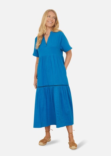 Yumi Blue Double Cotton Long Kaftan