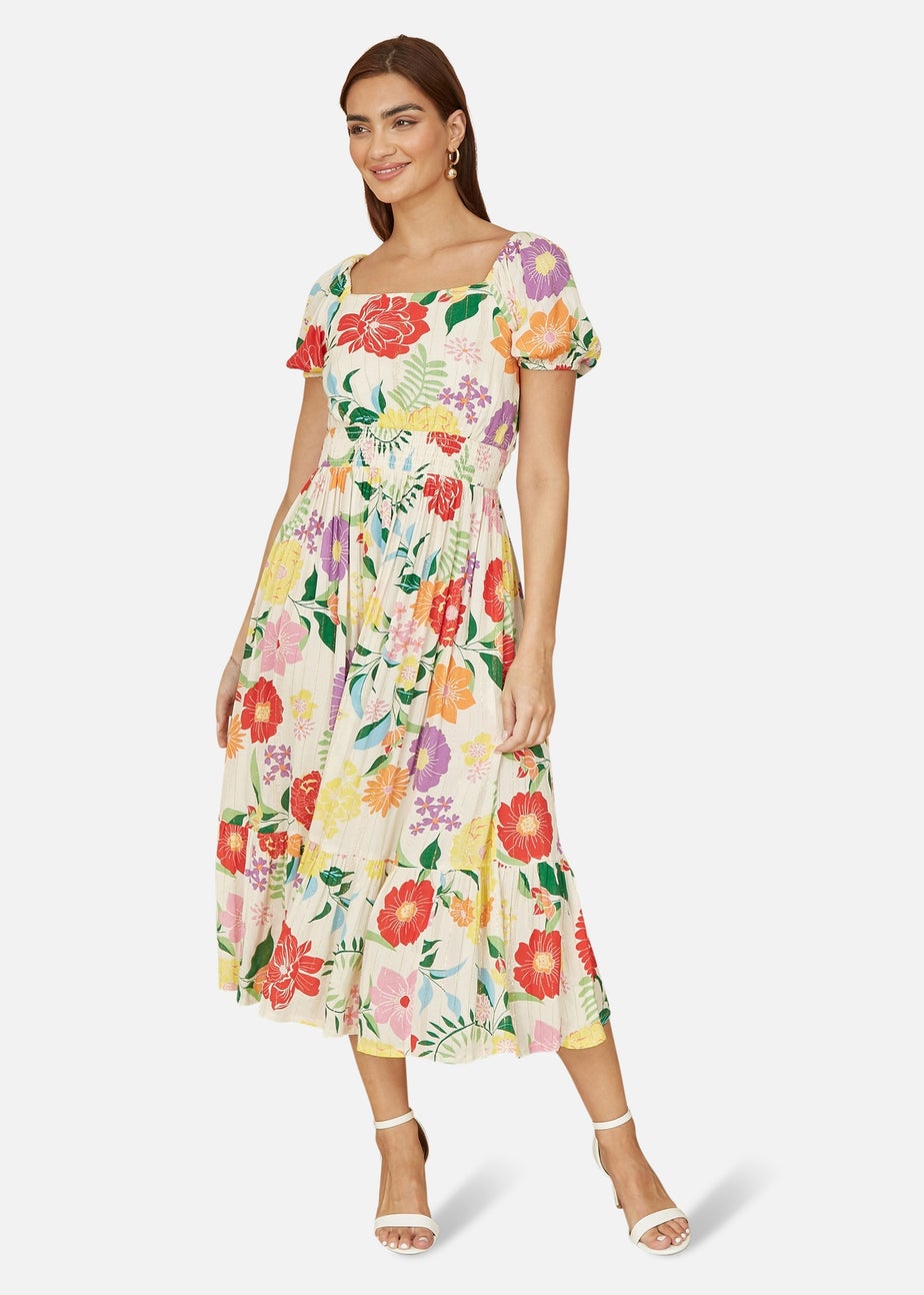 Yumi White Big Floral Midi Dress