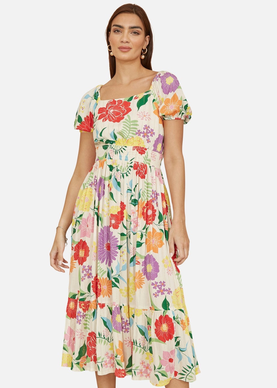 Yumi White Big Floral Midi Dress