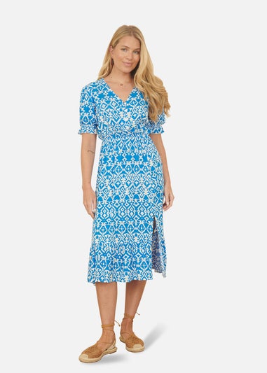 Yumi Blue Geo Print Puff Sleeve Midi Split Hemline