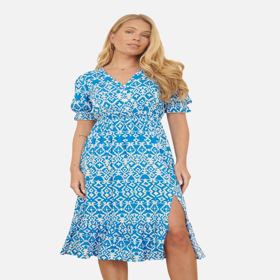 Yumi Blue Geo Print Puff Sleeve Midi Split Hemline