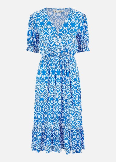 Yumi Blue Geo Print Puff Sleeve Midi Split Hemline