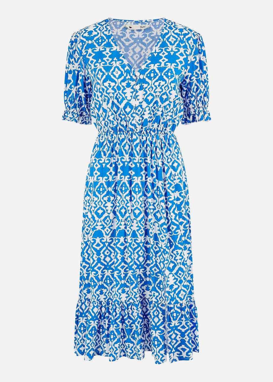 Yumi Blue Geo Print Puff Sleeve Midi Split Hemline