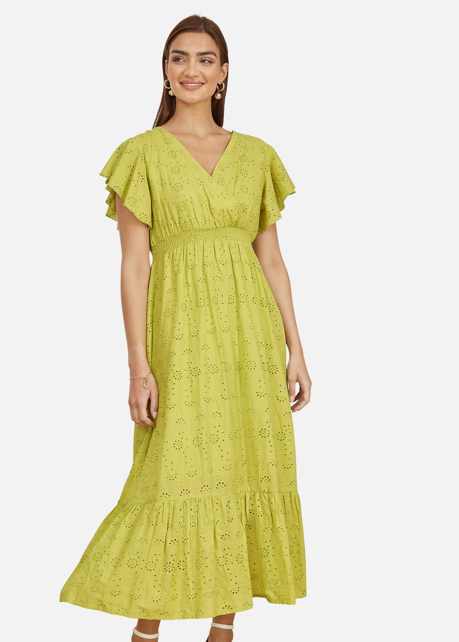 Yumi Lime Cotton Broderie Anglaise Wrap Midi Dress