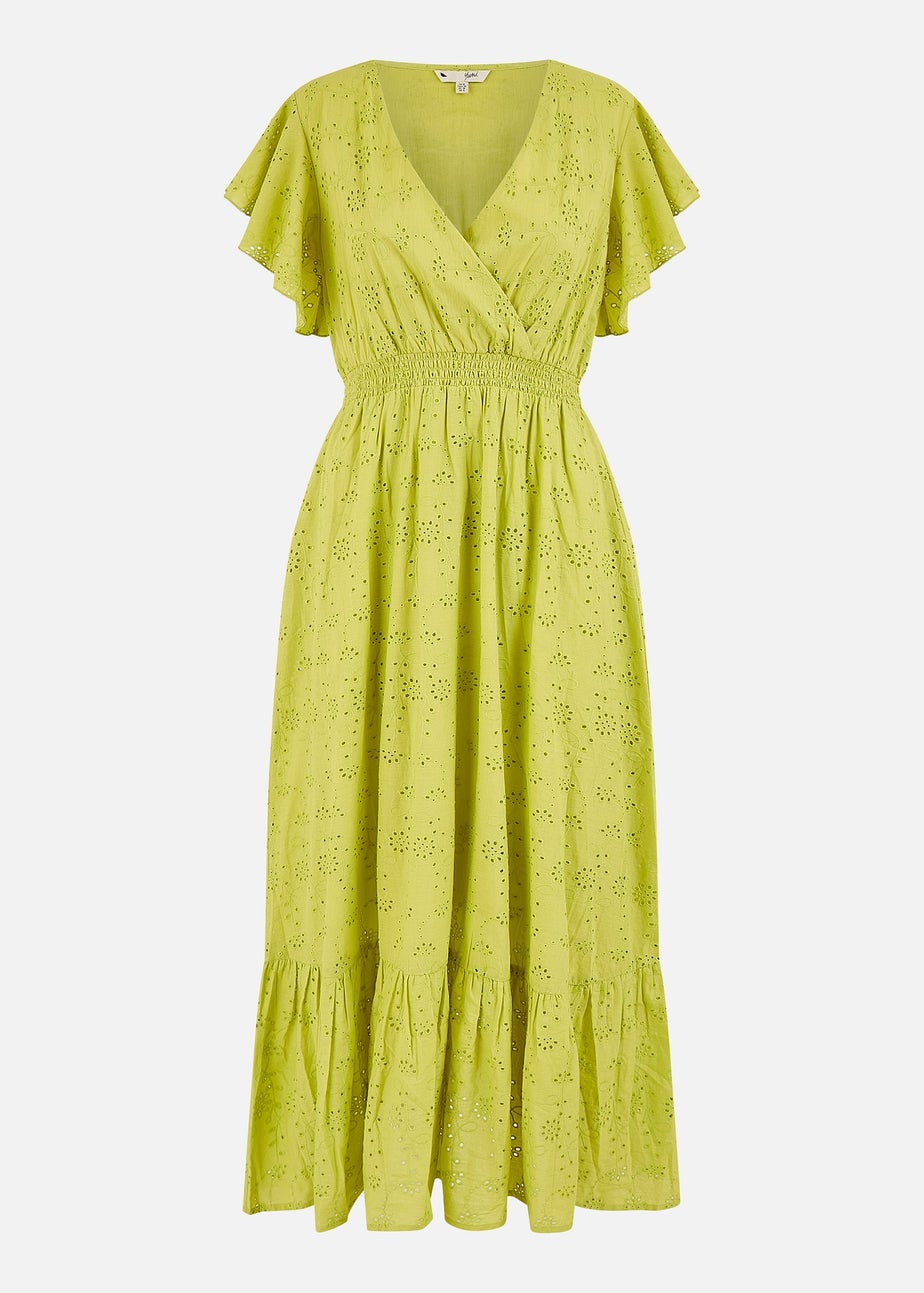 Yumi Lime Cotton Broderie Anglaise Wrap Midi Dress