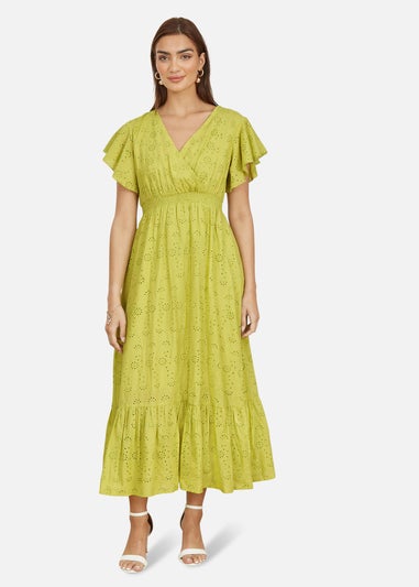 Yumi Lime Cotton Broderie Anglaise Wrap Midi Dress