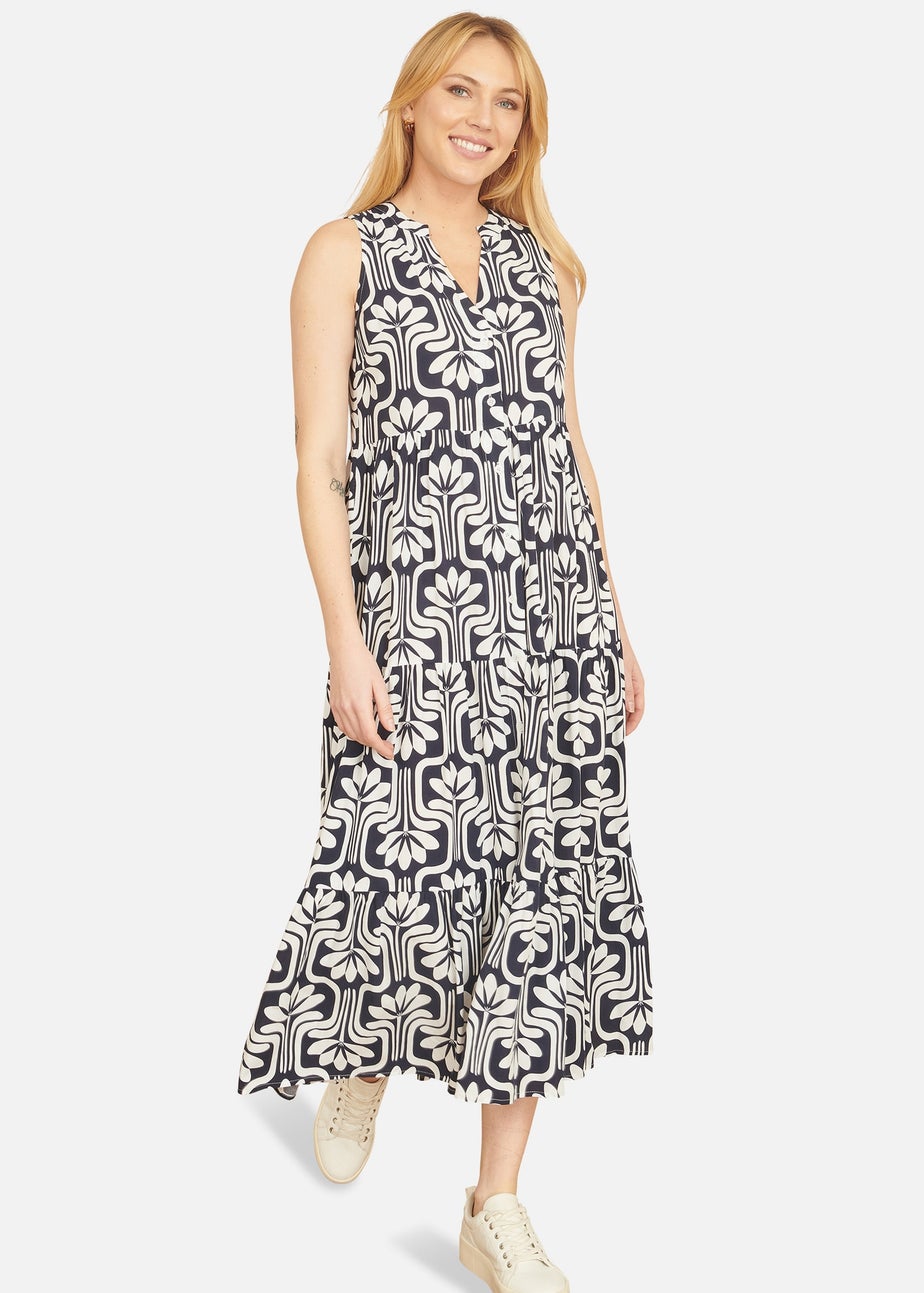 Yumi Navy Retro Print Relaxed Midi Dress