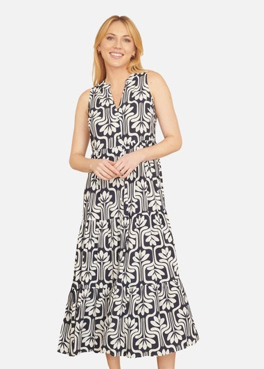 Yumi Navy Retro Print Relaxed Midi Dress